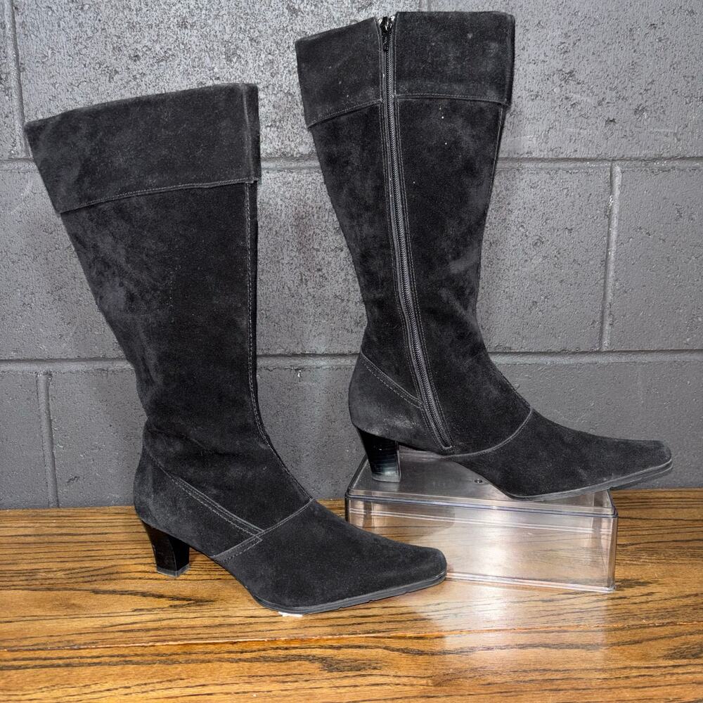 Vintage Worthington Black Suede Knee High Boots Block Heel Classic Womenโs 9.5
